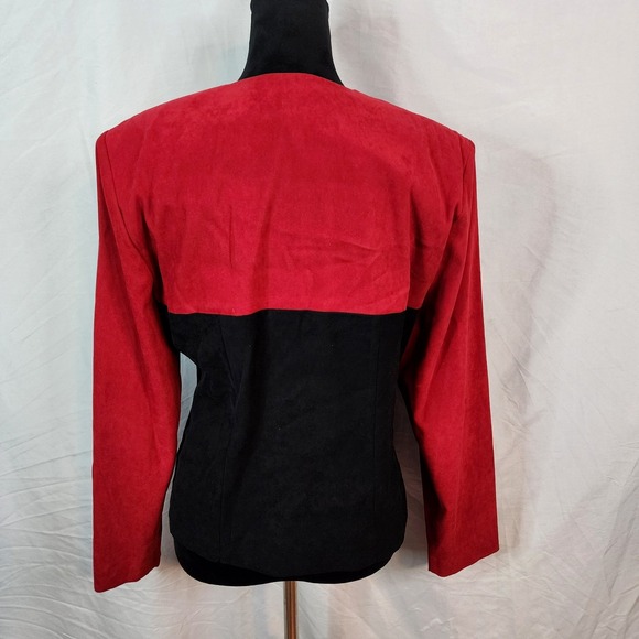 Vintage AMANDA SMITH Size 10 Red Black Microsuede Faux Suede Collarless Jacket - Picture 4 of 8